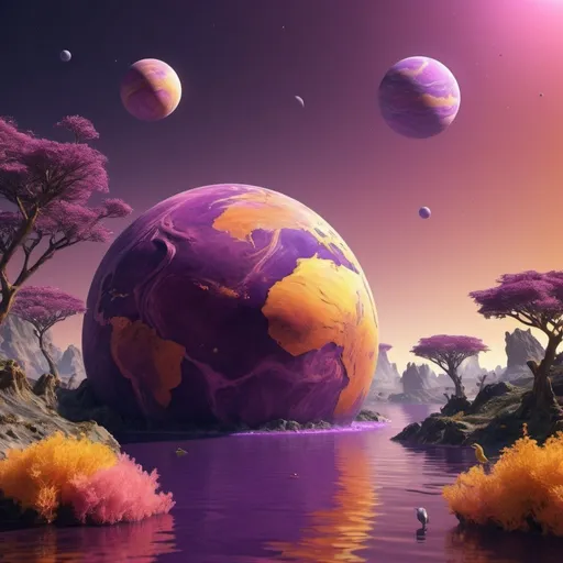 Prompt: A new planet similar to Earth, with botany in purple and pink shades, water in orange and yellow tones, with animals, 3D, 48K resolution