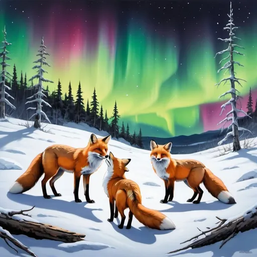 Prompt: Paint a winter landscape with a pack of foxes admiring the aurora borealis