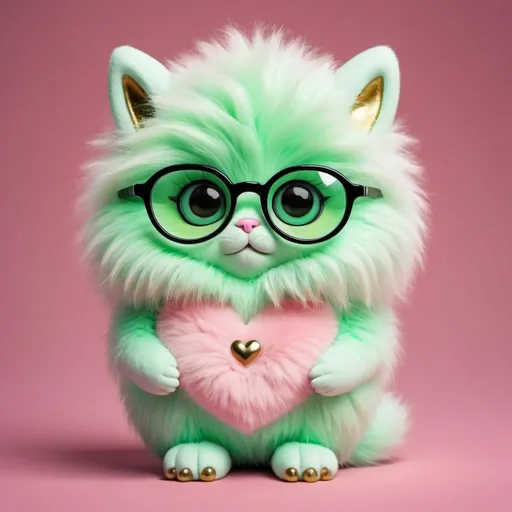 Prompt: Create a digital artwork of a cute, rounded fluffy creature with big green eyes,the fur is on top of the head neon mint green with blach eyebrows, in front of the body is fur light pink and the rest of the body is fur black, with tiny gold fingers and toes,wearing a round glasses and a heart-shaped pendant, set against a pink background with white sparkles