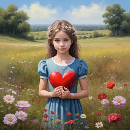 Prompt: a painting of a girl in a field with flowers and a heart shaped painting on the wall behind her, artist, metaphysical painting, professional digital painting, a fine art painting