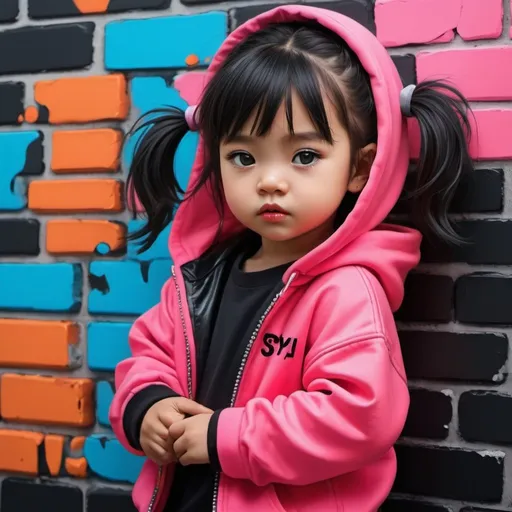 Prompt: Prompt:

A full body 5D image of a super hyperrealistic oil painting vector style image of a beautiful Asian  baby girl around 2 years old of age busting through a 5D  colorful brick wall wearing a neon orange and black hoodie that says
"SPY4U", typography/ripped up neon pink, orange and black jeans, very shiny glossy red lip gloss, intricately precise realistic intricate precisely depicted details deep black color eyes, her hair is long black  in a well-groomed neat messy bun with a neon pink headband , 8K 5D  high quality precise details high resolution 1080 DPI UHD 600ios PNG SVG graffiti transparent bold, very bright colors vivid and vibrant photo anime product cinematic fashion poster illustrated photorealistic typography background