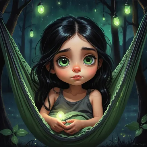 Prompt: a painting of a little girl sitting in a hammock with her big green eyes open, dreaming face and her long black hair tied on top of her head, gothic art, grunge, a fine art painting, Pixar style ,her expression to be serene and dreamy,moonlit night scene,glowing fireflies around the hammock