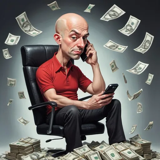 Prompt: whimsical caricature art of a bald man in a red shirt sitting in a black chair with his head turned to the side and his eyes wide open.In front of him is a table with a pile of money on it.  He holds a digital phone to his ear with one hand, and grabs the money with the other.  He has a greedy expression on his face. Dmitry Levitzky, precisionism, zabrocki, a character portrait