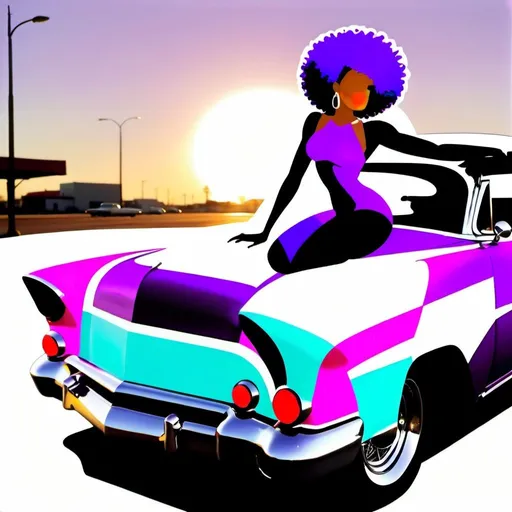 Prompt: A hyper-realistic image of an African American woman with a vibrant purple afro, purple shoes, and a dazzling smile. Wearing a custom-designed outfit in shades of purple, she proudly poses next to a meticulously restored, purple Chevrolet Bel Air. The car gleams under the spotlight, showcasing its chrome accents and intricate detailing. The text "Showstopper" is displayed in a classic font on the car's windshield.
