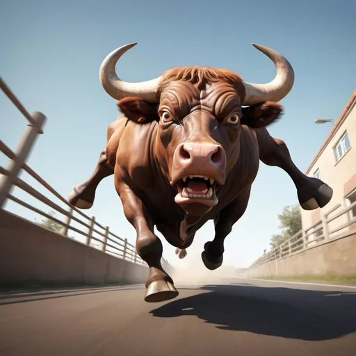 Prompt: A feared person chased by an aggressive bull (with wide eyes). The person is closer to the camera. Dutch Angle (from the side). 

You may add these keywords for different types of results: 
[Cartoon, 3D], [Cartoon], [Digital Illustration], [ Realistic photograph] etc.