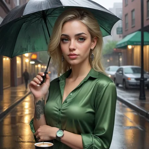 Prompt: 4K glossy oil painting, 3D,HD, of beautiful light skin woman.She is wearing dark jeans and green tennis shoes... standing on the sidewalk on a rainy night with a cup of coffee in one hand and an umbrella in the other..blonde straight shoulder-length hair with a part in the middle of the head, bold eyebrows, gray-green eyes with long eyelashes, light makeup, silver dangling earrings, wearing a green satin blouse with long rolled up sleeves, on her right hand, on the inside of her forearm, she has a black tattoo with the name " Dalia  " (spelled correctly) and a round wristwatch with a black strap.full background and body image view, perfect details, ultra detail, hyper realistic, --aspect 7:4, 4k, 3d