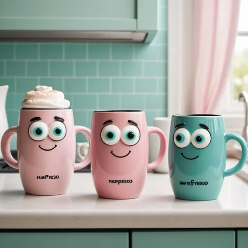 Prompt: Prompt: Illustrate an anthropomorphic Nespresso machine next to three cute, well-defined anthropomorphic mugs in a pastel-colored kitchen setting. The Nespresso machine should be teal with a friendly, smiling face, expressing gentle amusement. The mugs should have a 'girly' aesthetic, with one mug green and looking sassy, one pink with a sweet smile, and one blue looking curious. Each mug has long eyelashes and rosy cheeks. They are neatly lined up, waiting to be filled with coffee. The background should be soft and inviting, with details like a spoon holder and frilly curtains, maintaining a harmonious and adorable kitchen scene. Speech bubble with text: "Aw look! It's a Babyccino!"