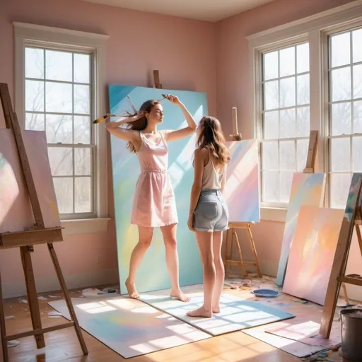Prompt: Prompt: Create an image of  young woman emerging from a life-size art canvas in three dimensions. She is being painted by another young woman in beautiful pastel colors. Set it in an art studio with sunlight filtering through the windows and art supplies scattered about.