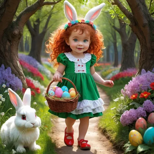 Prompt: pormpt: Create a hyper realistic, Pixar style,whimsical, centered, cute European 2 year old, green eyes, holding an easter basket filled with eggs, long vibrant red curly hair, dressed in bright red and dark green dress with layers of ruffles and lace, matching shoes, hair accesories,prancing down a lane, hiding eggs behind the flowers and trees, background of Fluffy White easter bunny, woods, path and flowers, vibrant colors, vivid details, in the style of Josephine wall.
