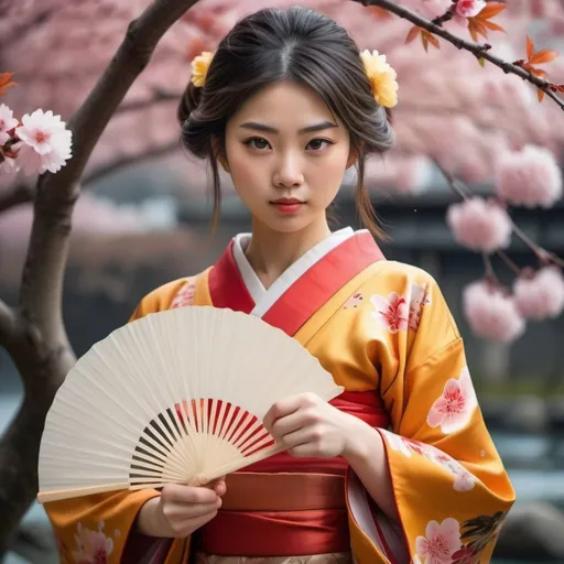 Prompt: create a hyper realistic image of a beautiful young Japanese girl with glossy red , orange and yellow colour Japanese traditional silk dress with folding fan sensu , background sakura tree with flowers in alcholic ink merged with water colour, ultra HD 64k resolution hyperrealism cinematic photography
