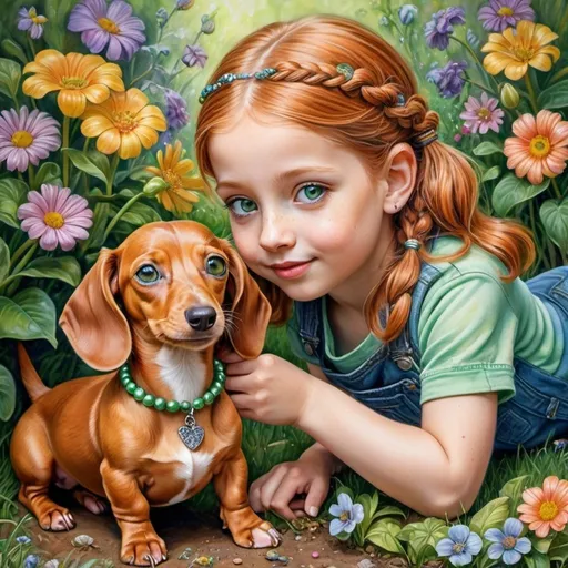 Prompt: Prompt: Hyper realistic and adorable painting of a cute little girl playing with a cute fawn colored Dachshund. She has braided ginger colored hair with beads on the ends. Expressiv green eyes. The girl is wearing a denim jeans, a t-shirt and sneakers. The location is a garden with spring flowers. High resolution, in the style of Josephine Wall.