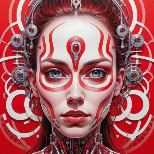 Prompt: a painting of a woman's face with red and white shapes on it, and a red and white background, Android Jones, psychedelic art, biomechanical, an ultrafine detailed painting