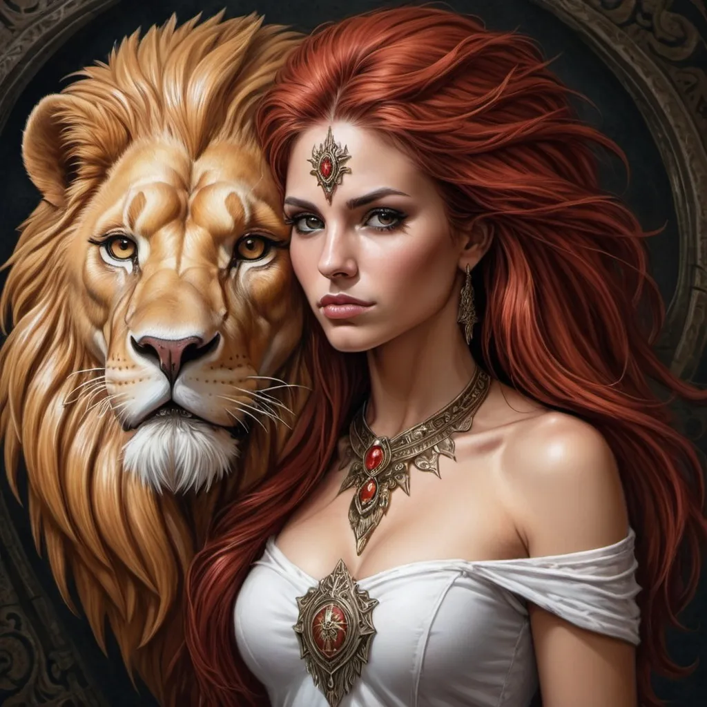 Prompt: a woman with a lion's head on her face and a lion's head on her chest, Anne Stokes, fantasy art, highly detailed digital art, digital art