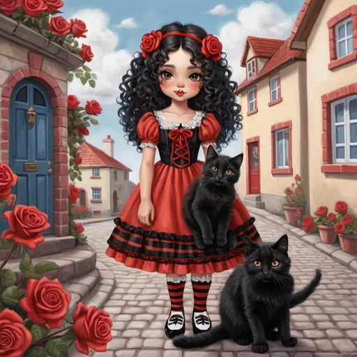 Prompt: Prompt:
Digital painting, airbrushed, whimsical, fantasy depiction of cute girl with long black curly hair, orange cheeks, delicate features, red rose in hair, wearing ruffled lacy black dress with embroidered red roses and white bow, shoes with red laces, red and white striped stockings, posing in cobbled street. A fluffy black cat sits at her feet. Whimsical houses and red colored roses lining the street. Puffy clouds in the sky. Colors of red, light blue and white. Detailed image, Diffused light. Soft pastel colors.