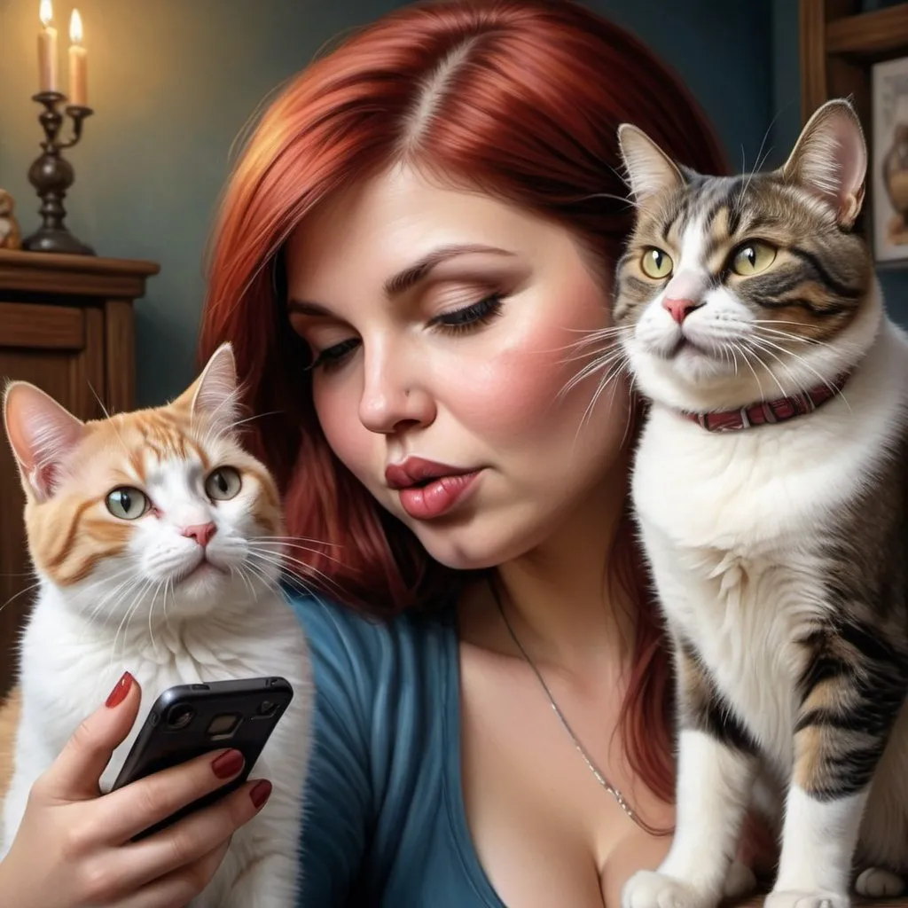 Prompt: a chubby woman taking a selfie of a dog and cat with a cell phone in her hand and a cat on the other side of the picture, making a kiss with her lips ,Anne Stokes, fantastic realism, highly detailed digital painting, a photorealistic painting