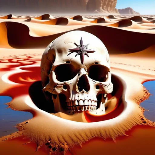 Prompt: imagine the desert sand forming an extraordinarily large screaming skull, hyper detailed with intricate and complex shapes, UHD, ultra realism, digital airbrush art, masterpiece, 32k,the color of the sand to crimson red,the shape of the eye sockets to resemble flames,a sandstorm swirling around the skull, explorers walk around the skull, the explorers look like they're searching for treasure, one of the explorers hold a map or compass, one of the explorers' expressions to be more determined, the other explorers look worried or fearful, the sandstorm to be more intense. Add a few ancient relics buried in the sand. one of the relics glow mysteriously. Add a partially buried statue with missing limbs.the explorers' footprints to be visible in the sand. Add a few scorpions crawling near the footprints.