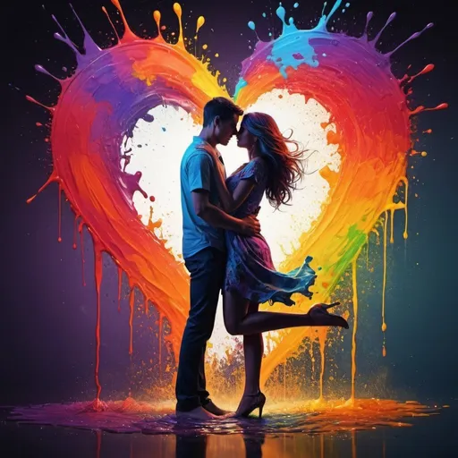 Prompt: Create images of a couple in love, full body, splash art, digital art, intricately detailed, color depth, dramatic, side light, colorful backgrounds.