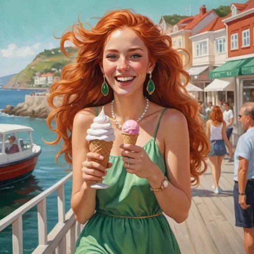 Prompt: Glossy oil painting of a bubbly gold brown skin European woman with long, flowing vibrant red hair, embellished with dainty diamond earrings and a pearl necklace. She dons a chic green sundress with ruffled details and white sneakers, her green eyes twinkling with joy. This character skips along a sun-kissed boardwalk, her laughter echoing against the backdrop of a bustling seaside town, holding an ice cream cone in one hand.