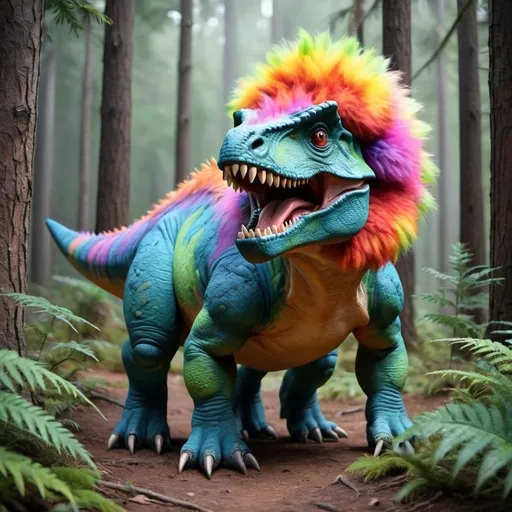 Prompt: A dinosaur with colorful, fluffy fur in the forest