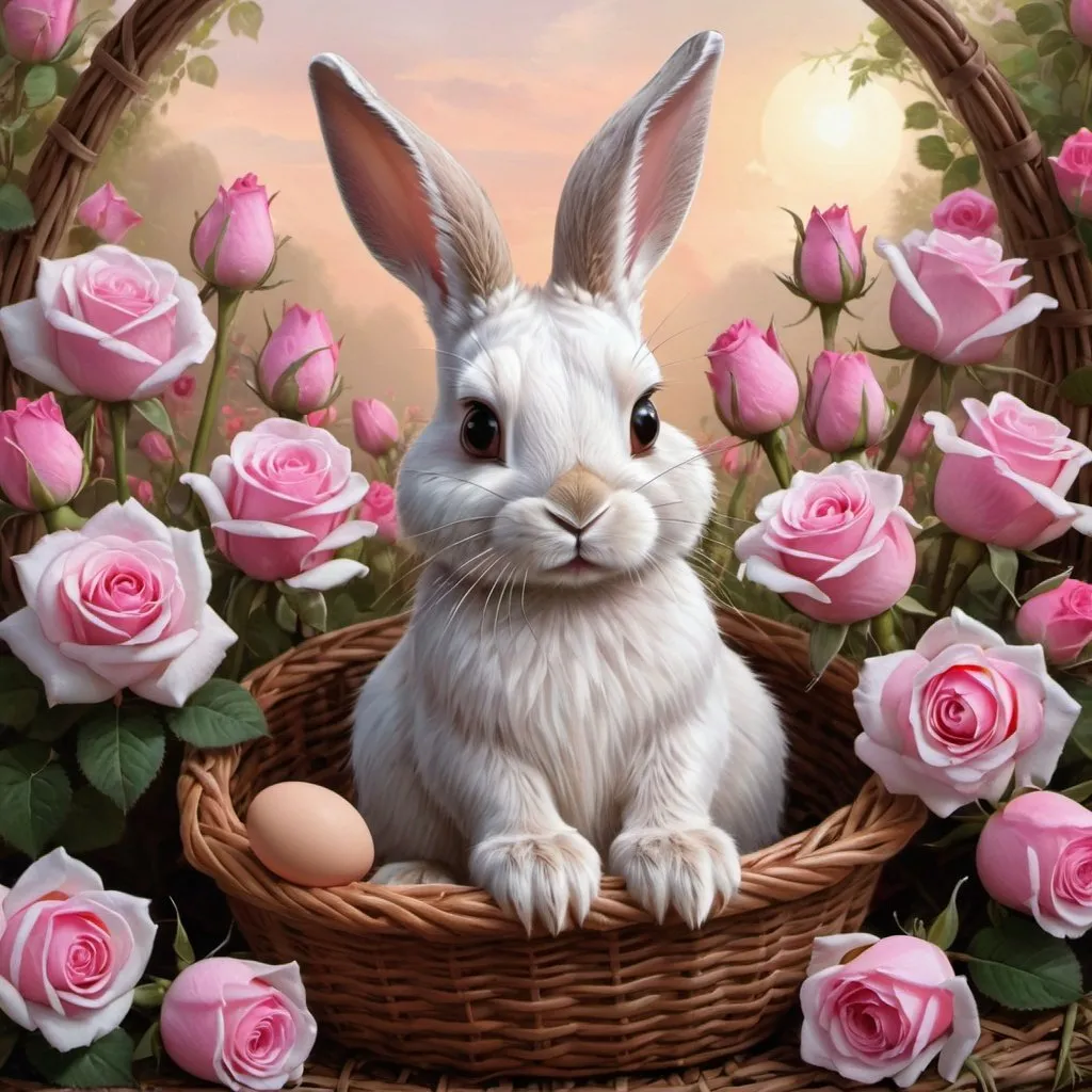 Prompt: a painting of a bunny sitting in a basket with flowers and eggs on it's side, with a pink rose and pink roses in the background, Anne Stokes, furry art, highly detailed digital art, computer graphics