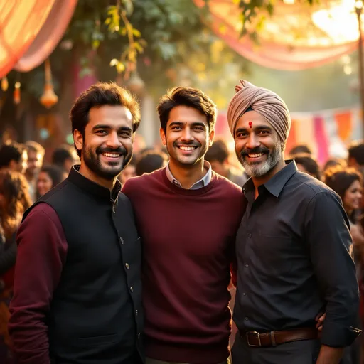 Prompt: In a lively outdoor setting illuminated by bright lights, three men stand together, exuding warmth and camaraderie. The central figure, wearing a deep maroon sweater, radiates joy, his broad smile bringing an inviting energy to the scene. Flanking him, two men add to the vibrant atmosphere; one is dressed in a traditional black vest over a collared shirt, while the other sports a distinctive Himachali cap and a dark shirt, both conveying a sense of cultural pride. Behind them, an array of people mingles in a festive mood, with a backdrop of draped fabric and greenery, suggesting a celebratory gathering. This snapshot captures a moment of connection against a backdrop of lively social interaction, encapsulating joy and community spirit.