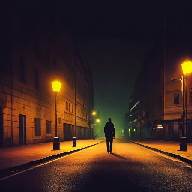 Prompt: Lonely man walking at night, street lamps glowing, urban setting, realistic, cinematic lighting, atmospheric, detailed shadows, high quality, night view, urban, cinematic, realistic, lonely figure, street lamps, atmospheric lighting