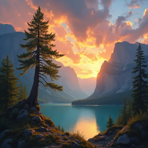 Prompt: A breathtaking panoramic view of a hidden valley bathed in the golden light of sunset. Towering, moss-covered cliffs surround a crystal-clear turquoise lake. In the foreground, a lone, ancient tree with glowing leaves stands silhouetted against the vibrant sky filled with swirling clouds of orange, pink, and purple. The style should evoke a sense of awe and wonder, similar to the landscape paintings of Albert Bierstadt.

Example 2 (Creative Writing):
