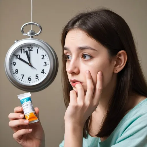 Prompt: A young woman who watching a clock took the medication