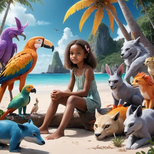 Prompt: A young girl sitting on a tropical beach surrounded by fantasy animals