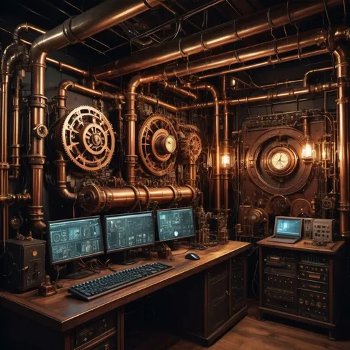 Prompt: Steampunk datacenter, intricate machinery, brass and copper components, gears and cogs, vintage computers, cyberpunk (contrast), ambient warm lighting, atmospheric (steam and mist), engaging mood, Victorian era aesthetic, dark wood and wrought iron finishes, mechanical keyboards, background: shelves filled with tesla coils, retro monitors, high voltage power switches, ultra-detailed, cinematic color depth, 4K, high-resolution detail