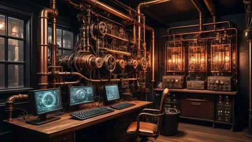 Prompt: Steampunk datacenter, intricate machinery, brass and copper components, gears and cogs, vintage computers, cyberpunk (contrast), ambient warm lighting, atmospheric (steam and mist), engaging mood, Victorian era aesthetic, dark wood and wrought iron finishes, mechanical keyboards, background: shelves filled with tesla coils, retro monitors, high voltage power switches, ultra-detailed, cinematic color depth, 4K, high-resolution detail