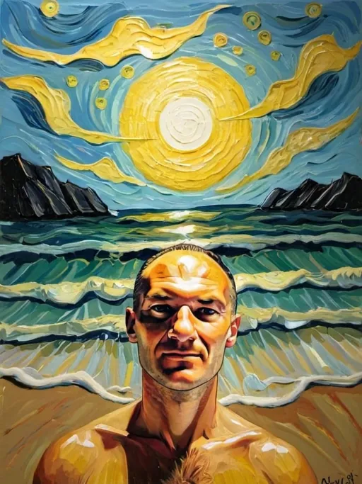Prompt: draw me the ocean, the sun, the sand in the style of Vincent van Gogh