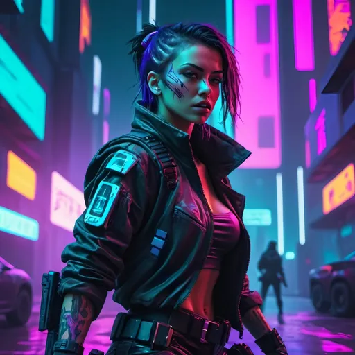 Prompt: Cyberpunk female mercenary fighting in a futuristic city in neon colours aesthetic cyberpunk glitch art