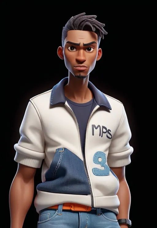 Prompt: A stylized 3D character in top, jeans trouser and sneakers with Mictopraise written in front of the top