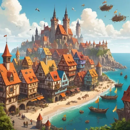 Prompt: a landscape of a magic medieval city with German architecture on the coast, the roofs of the buildings are many vibrant colors. A few flying ships in the sky as well as some floating crystals, plants, and bits of golden clockwork. The many different fantasy races are playing at the Beach and boardwalk