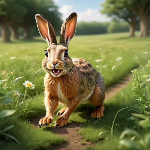 Prompt:  The Hare, a fast and proud animal, is laughing at the slow-moving Tortoise in a green meadow. Other animals like a squirrel, a deer, and a bird are watching. The Hare boasts, “I can run faster than the wind! You don’t stand a chance!”