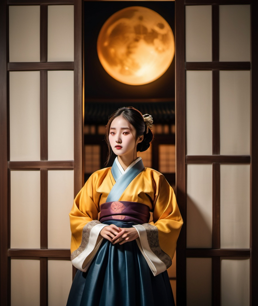 Prompt: A Korean idol-like woman wearing Joseon's dark evening hanbok and looking at the ocher-colored moon through the silk window of the palace, making a grudge-like face.