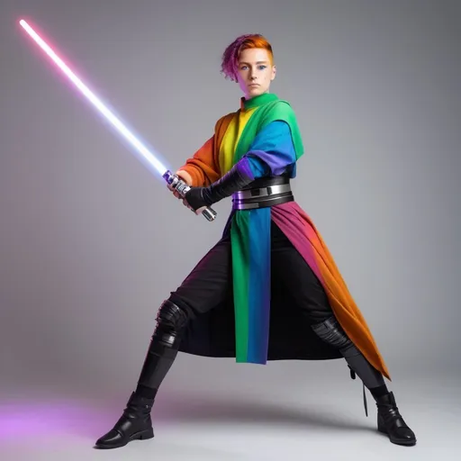 Prompt: Sci-fi jedi knight non-binary with light saber with a rainbow blade in a dynamic pose

