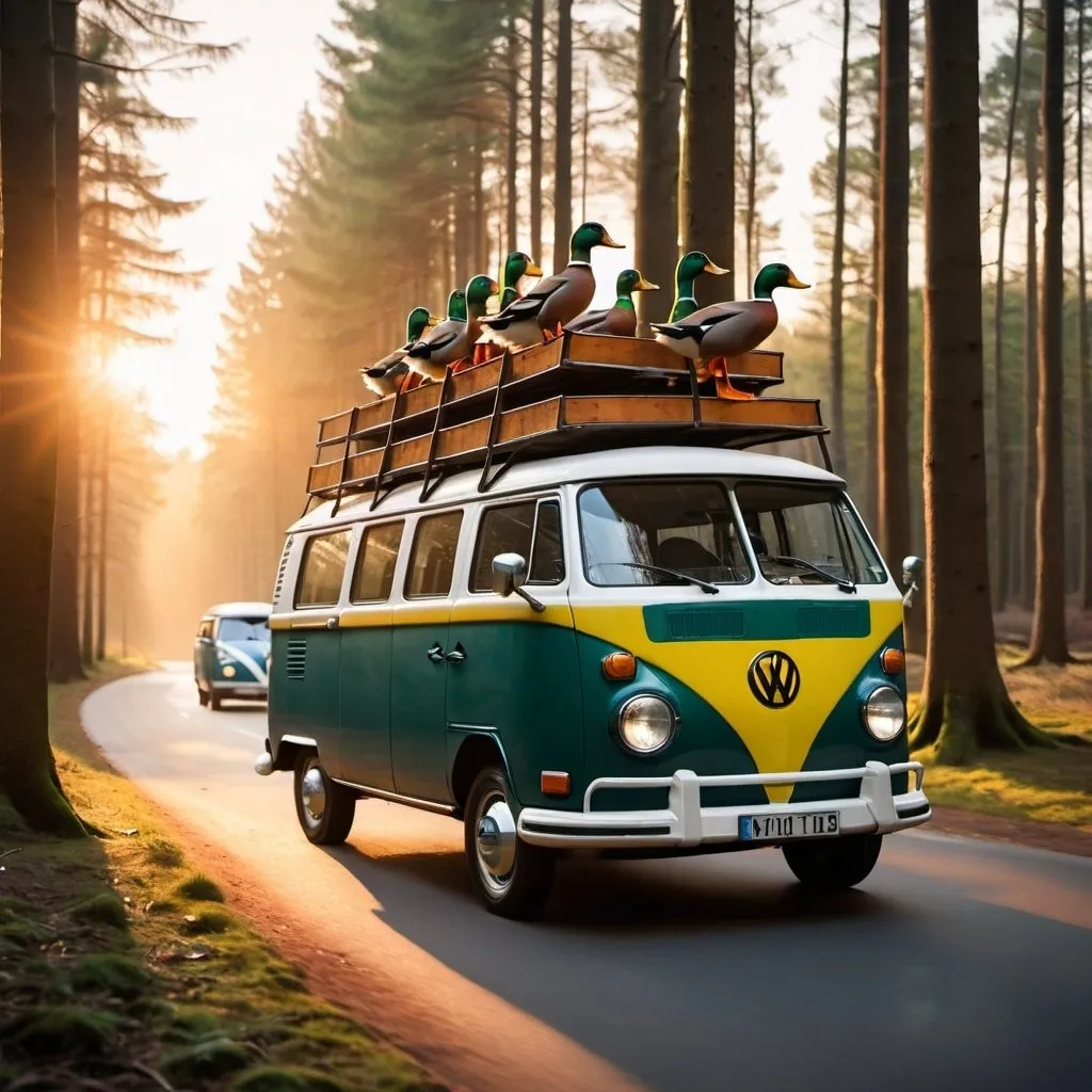 Prompt: Five duck driving in the sunset in the forest in a Volkswagen T1