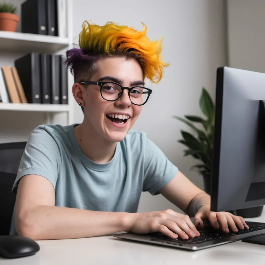 Prompt: nonbinary person sitting in front of a computer excited about online learning