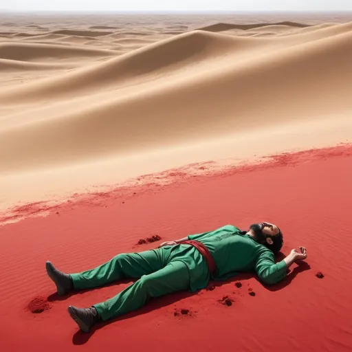 Prompt: Imam Hussain (central content), lying on his back on the floor,calm expression, covered in crimson blood, lying on the barren desert ground, dynamic shadows, bright sunlight falling, intense emotional atmosphere, strong bond of love, heartbreaking sacrifice scene, desert landscape, gently rolling sand dunes in the background, high detail, super detailed. The man in green clothes. The man sleeping on the ground. The man lying on his back on the ground from extreme fatigue and thirst. The man is very tired.
