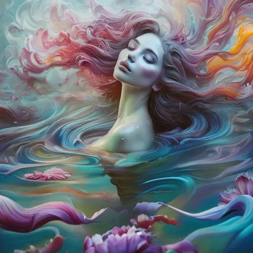 Prompt: flower woman in water, oil painting, vibrant petals and flowing hair, surreal ambiance, high quality, ethereal, vibrant colors, dreamy lighting, serene atmosphere, mystical, oil painting, detailed floral features, graceful pose, peaceful water reflections