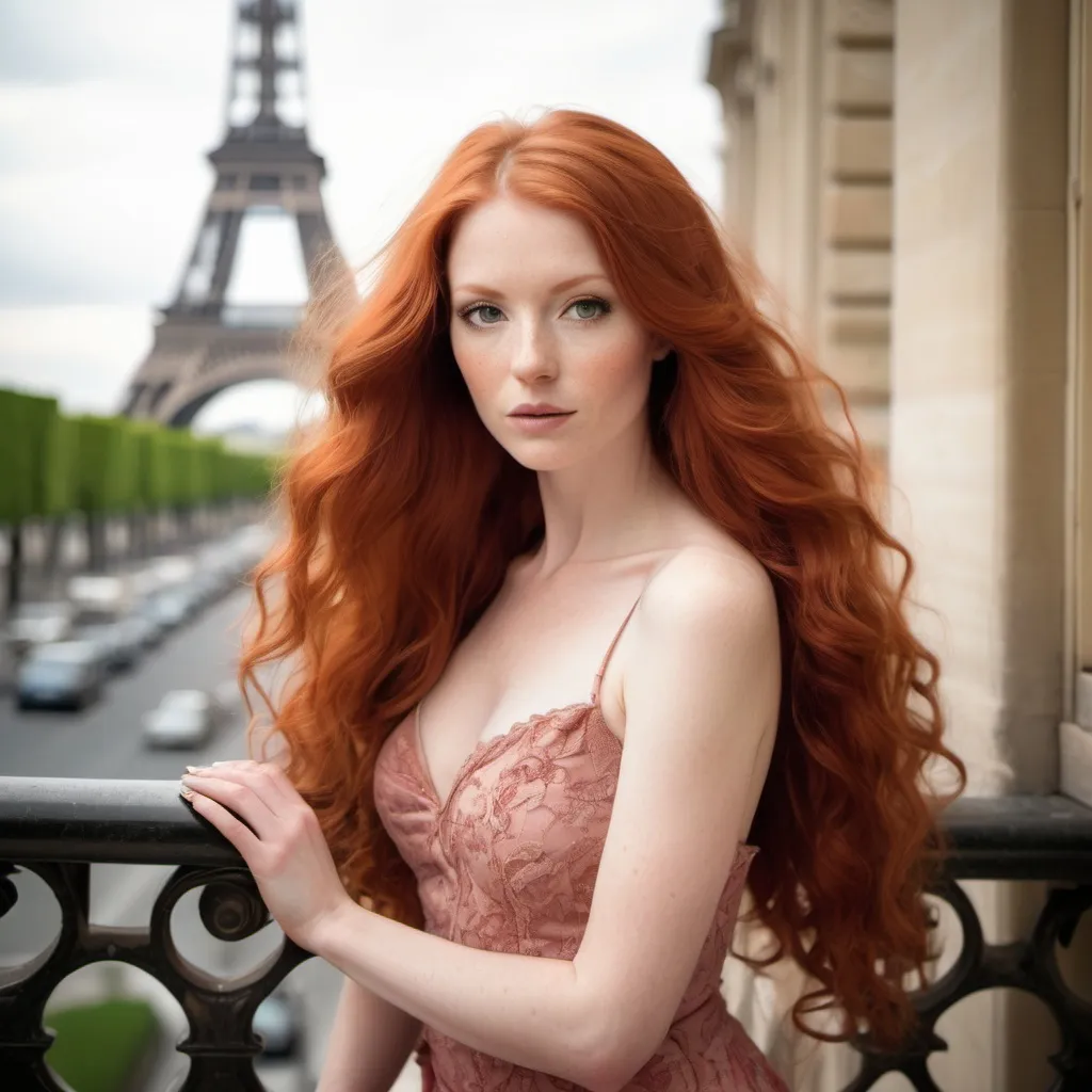 Prompt: Glamour photography of woman in paris, long red hair, very feminine figure 