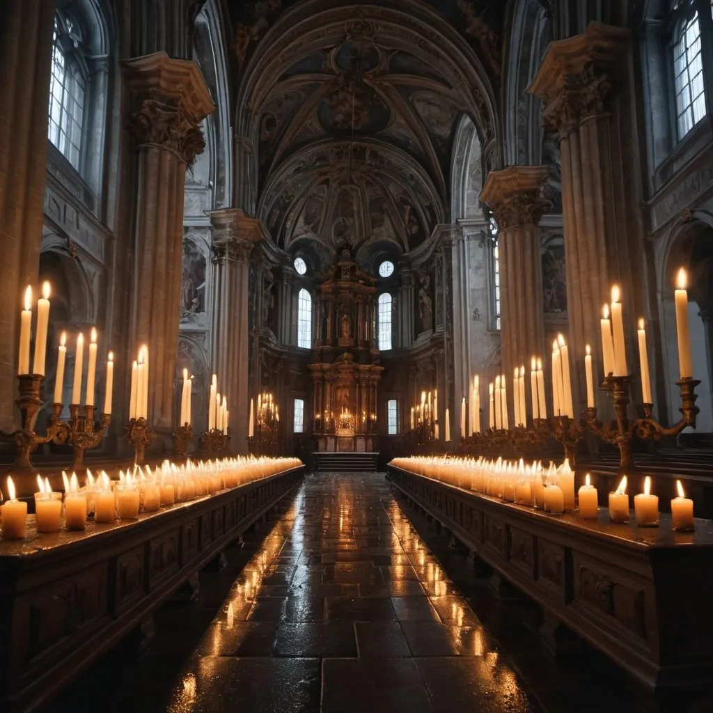 Prompt: raining outside a baroque cathedral with dark medieval candles