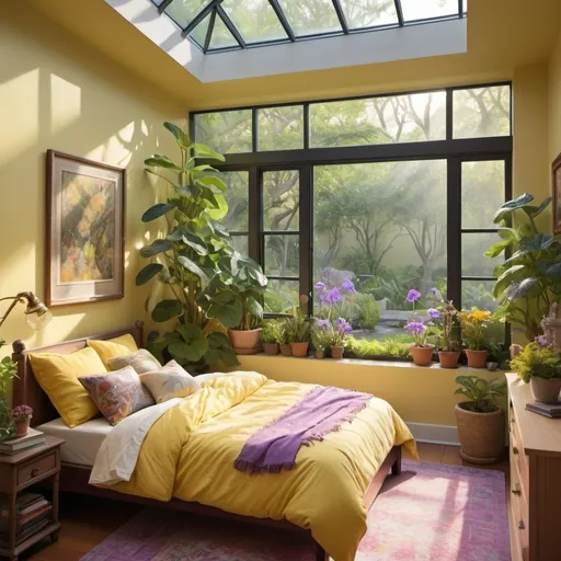 Prompt: (tiny second floor bedroom), (full glass walls), Schimers African violet near window, soft yellow bed, (lush garden view), vibrant colors, warm ambiance, natural sunlight streaming in, cozy and serene atmosphere, inviting greenery visible through glass, ultra-detailed, immersive scene, tranquil setting, harmonious integration of indoor and outdoor spaces.