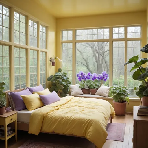 Prompt: A tiny second floor bedroom. Tall glassy walls. Schimers African violet near window. A soft yellow bed. A lush garden view. 