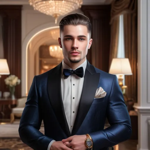 Prompt: Realistic portrait of a men with luxurious lifestyle, opulent mansion interior, elegant attire, detailed facial features, high resolution, lifelike, opulence, realistic, detailed facial features, luxurious lifestyle, lavish, high quality, elegant attire, indoor lighting