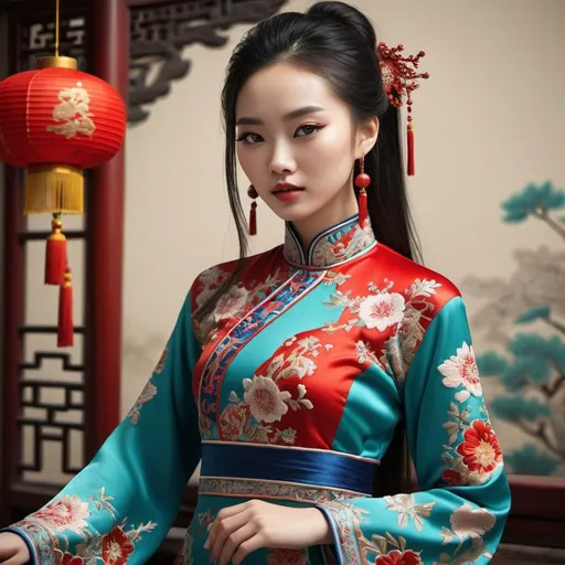 Prompt: chinese beautiful girl in modern dress, traditional and modern fusion, intricate embroidery, high quality, realistic, detailed, elegant, modern Chinese fashion, vibrant colors, graceful pose, flowing fabric, professional lighting, realistic hair, captivating eyes, cultural fusion, best quality, highres, detailed, realistic, modern fashion, vibrant colors, elegant, intricate details, cultural fusion