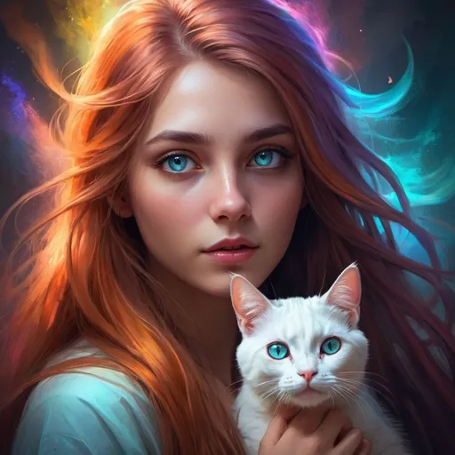 Prompt: A girl with cat-like eyes, digital painting, long flowing hair, mystical aura, high quality, fantasy, vibrant colors, ethereal lighting