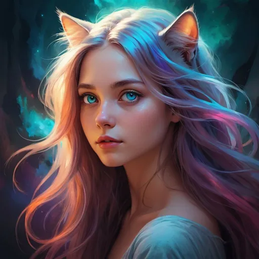 Prompt: A girl with cat-like eyes, digital painting, long flowing hair, mystical aura, high quality, fantasy, vibrant colors, ethereal lighting